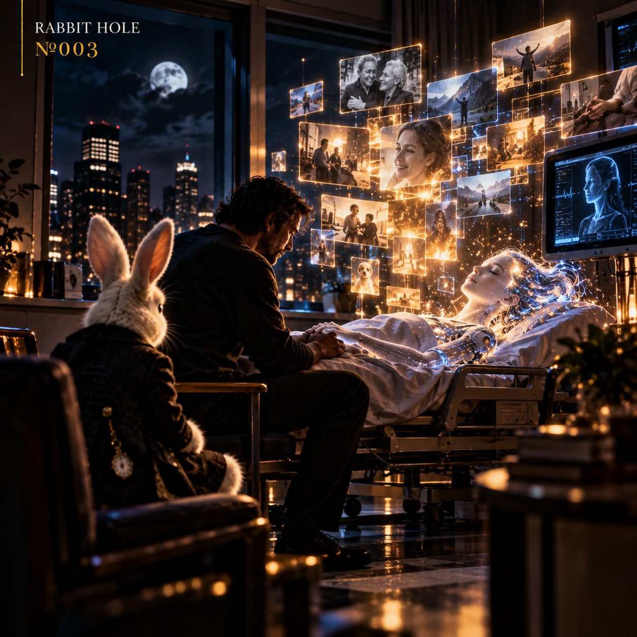 A white rabbit sitting alone in a red leather chair in a dark Victorian study lit by warm lamps and blue moonlight